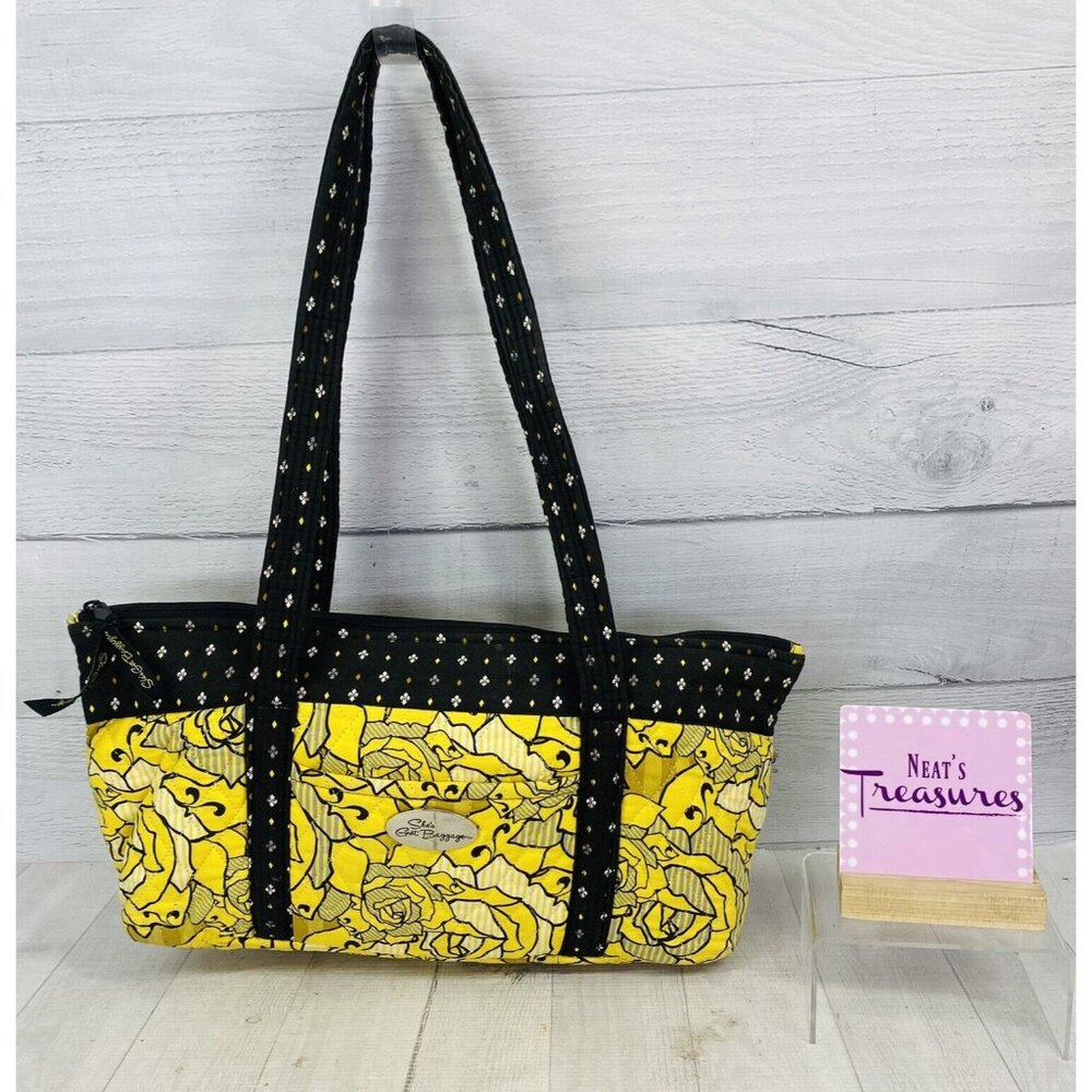 She's Got Baggage YELLOW BLACK FLORAL Quilted Fabric Handled Zip Bag Tote Purse